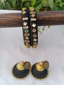 Designer Silk Thread Bangles & Earrings - Black