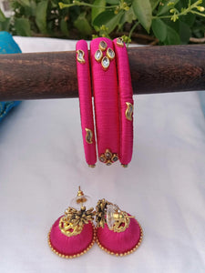Designer Silk Thread Bangles & Earrings - Pink