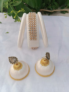 Designer Silk Thread Bangles & Earrings - White