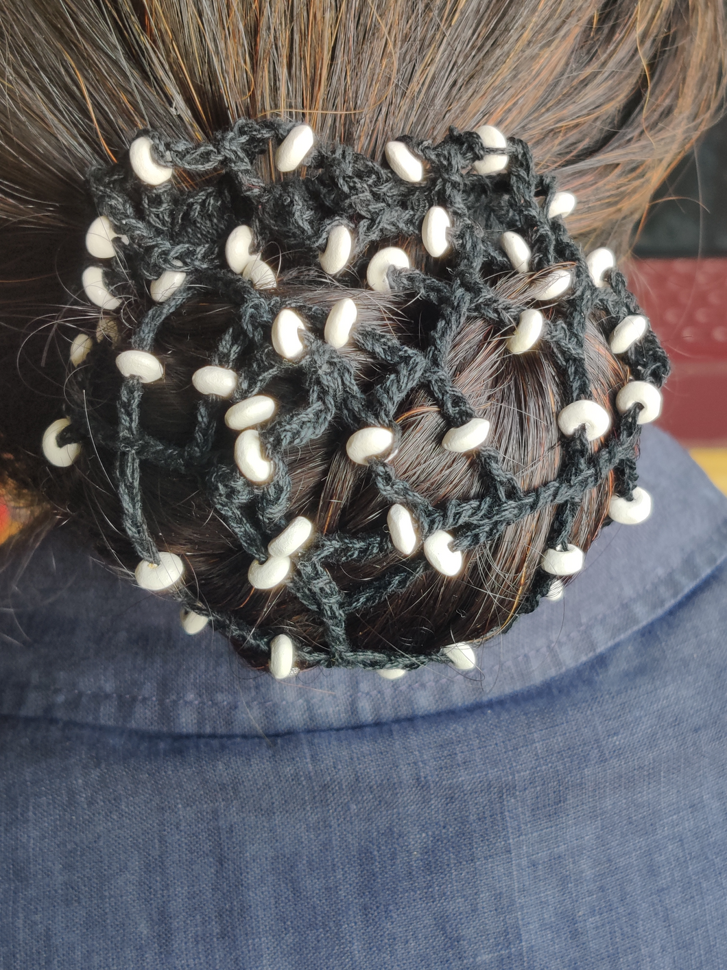 Crochet Hair Bun Cover Hair Net with Threads & Beads